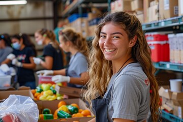 Volunteers pack food for the needy. Charity. Work for the benefit.