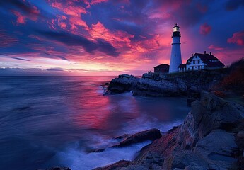 Sticker - Lighthouse at Sunset on a Rocky Coast