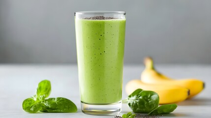 Freshly blended green smoothie with spinach, banana, and chia seeds, nutrient-packed drink, brain health benefits minimalist realistic