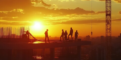 Poster - People working on a construction site at sunset.