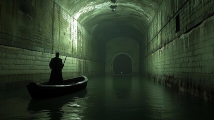 A lone figure rows a boat through a dark underground passage