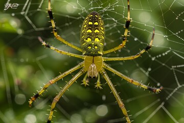 close up spider hunting, detailed close up of a golden orb weaver spider spinning its web, dewy morning web in a garden, soft, diffused natural highing the web s