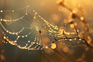 close up spider hunting, detailed close up of a golden orb weaver spider spinning its web, dewy morning web in a garden, soft, diffused natural highing the web s