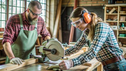 Poster -  carpenters using circular saw in workshop