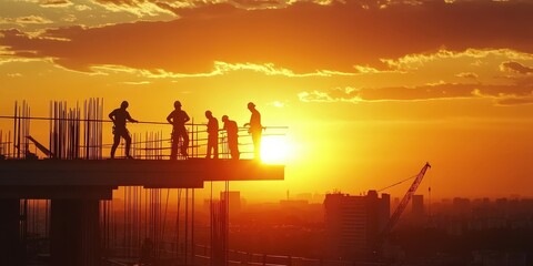 Poster - People working on a construction site at sunset.