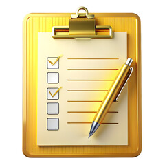 Golden Checklist Clipboard and Pen Isolated on transparent  Background 