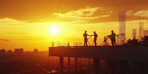 Wall Mural - People working on a construction site at sunset.