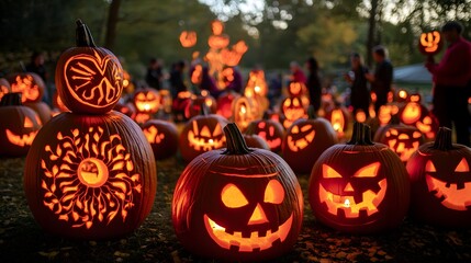 A colorful and lively scene of people carving pumpkins with detailed designs and showcasing their finished jack-o-lanterns