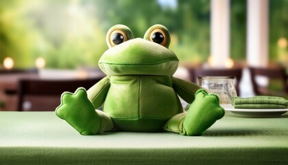 A plush frog sitting on the table with a green cloth, cover