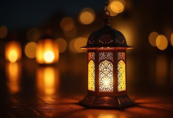 Moroccan lantern glowing at night. Glittering golden bokeh lights, blurred background. Ramadan Kareem, Eid ul Fitr muslim holida