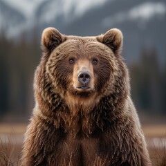 Wall Mural - close up stunning grizzly bear with rich, textured fur and intense, expressive eyes, softly blurred mountainous background, warm, natural highing the bear s fur details,
