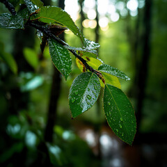 green foliage in a forest setting. The image depicts still life in a close-up shot