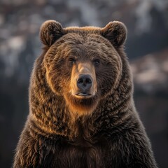 Wall Mural - close up stunning grizzly bear with rich, textured fur and intense, expressive eyes, softly blurred mountainous background, warm, natural highing the bear s fur details,