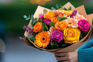 Flower bouquet gift with a mix of seasonal flowers, captured in a photo where the bouquet bursts with the colors of spring, creating a cheerful and lively scene