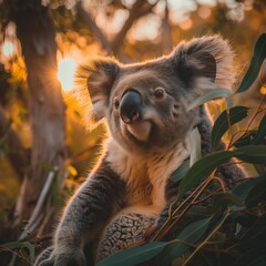 close up stunning koala with soft, detailed fur and a relaxed pose, softly blurred eucalyptus leaves