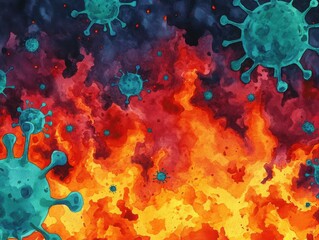 Wall Mural - Bacterial invasion in the human body, antibiotics represented as glowing shields, intense battle scene in watercolor style