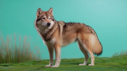 Wall Mural - A wolf stands alertly in a field of green grass