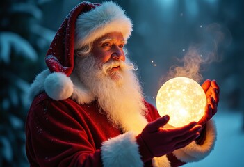 Poster - Santa Claus holding a luminous ball, magical glow illuminating his face, snowy background