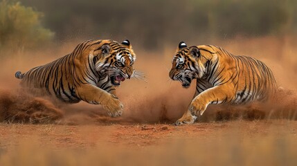 Wall Mural - Two tigers face each other in a tense standoff ready to pounce