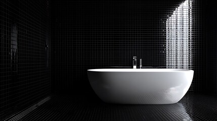 Canvas Print - Modern Bathroom with White Tub and Black Tiles