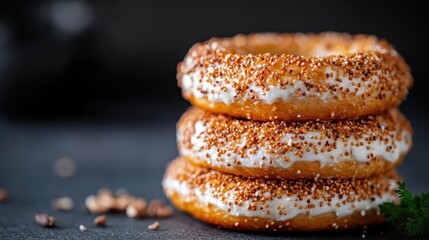 A close-up view of three donuts stacked on top of each other, topped with white icing and poppy seeds, displaying a tempting and delicious visual treat.