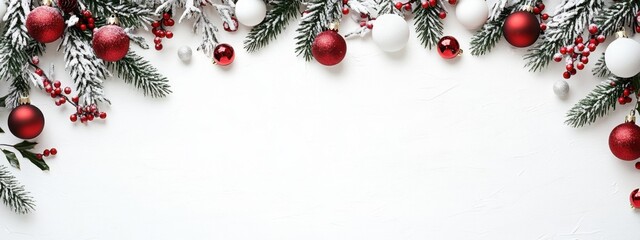 Wall Mural - Christmas garland with red and white ornaments on a white background, a flat lay banner for a Christmas party invitation or greeting card design, with space in the center Generative AI