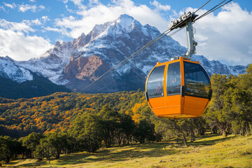 Poster - A cable car is suspended above a mountain and a forest