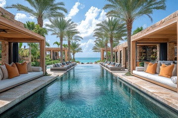 Canvas Print - A long pool with a beach in the background