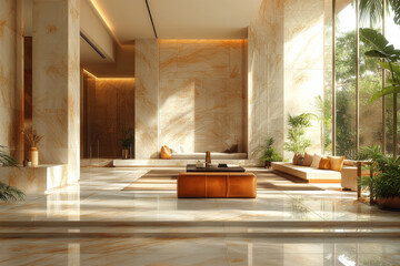 Wall Mural - A large, open living room with a tan wall and a tan floor