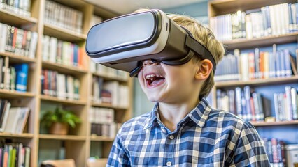 Poster - portrait of excited blonde boy wearing vr headset