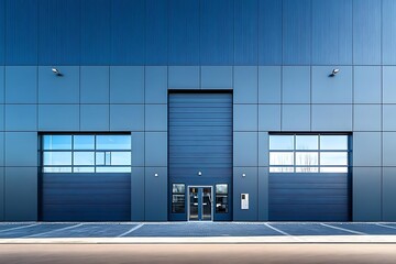 Blue Industrial Building Exterior With Garage Doors and Glass Windows Photo