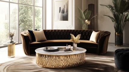 Poster - A luxurious living room with a velvet sofa, marble coffee table, and gold accents, exuding elegance and sophistication