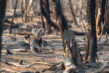 medium koala struggling to find food in a deforested area with charred trees from recent fires, scor