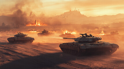 Wall Mural - The tanks are surrounded by a lot of smoke, and the sky is cloudy. Scene is intense and chaotic