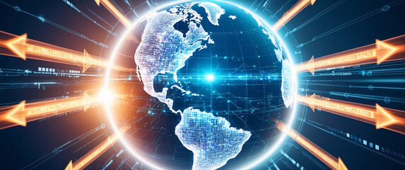 Code background with blue globe for global technology concept