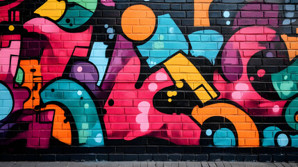 Colorful abstract graffiti art on a brick wall with black, pink, orange, blue, and green paint.