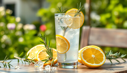 Wall Mural - Summer refreshing lemonade drink or alcoholic cocktail with ice, rosemary and lemon slices on the table in the garden. Fresh healthy cold lemon beverage. Water with lemon isolated with white highlig