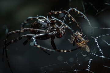 spider capturing prey, detailed close up of a black widow spider ensnaring a fly in its web, darkened corner with a subtle, blurred background, soft, focused on the