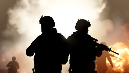 Double exposure silhouette profile of modern soldiers in a scene from a game or movie concept made with isolated with white highlights, png