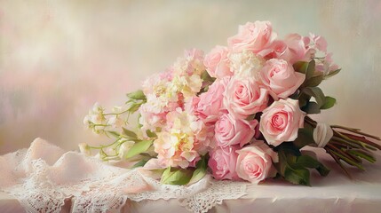 Wall Mural - A beautiful bouquet of pink roses and hydrangeas, tied with a delicate lace ribbon, on a soft, pastel background.