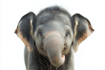 Wall Mural - A close up, high resolution image of a cute baby elephant with a curious expression, set against a clean, bright white background. The even lighting highlights the baby elephants