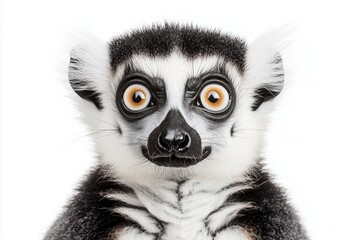 Wall Mural - A close up, high resolution image of a curious lemur with expressive eyes, set against a clean, bright white background. The even lighting highlights the lemurs distinctive stripes