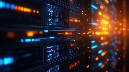 Fototapete - Data center server room with glowing blue and orange lights, representing modern technology and information storage.