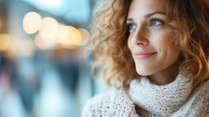 A young woman with curly hair, wearing a cozy knitted sweater, gazes thoughtfully into the distance in a warmly lit, blurred background setting.