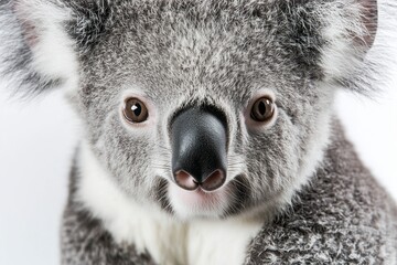 Wall Mural - A close up, high resolution image of a koala with a calm expression, set against a clean, bright white background. The even lighting highlights the koalas soft, fluffy fur and