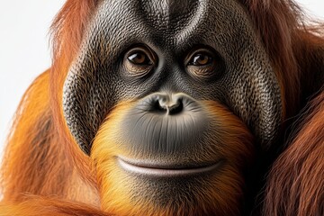 Wall Mural - A close up, high resolution image of a majestic orangutan with a thoughtful expression, set against a clean, bright white background. The even lighting highlights the orangutans