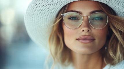 A stylish woman wearing a white hat and clear glasses in an outdoor setting, showcasing her fashion sense, confidence, and modern aesthetic under natural light.