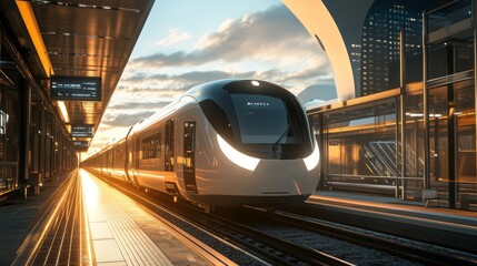 Aufkleber - A modern electric train arriving at a sleek, futuristic station, with clean lines and high-tech features, set against a bright sky.