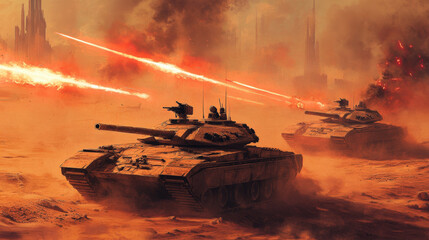 Wall Mural - A group of tanks are in a battle, with one tank being the largest