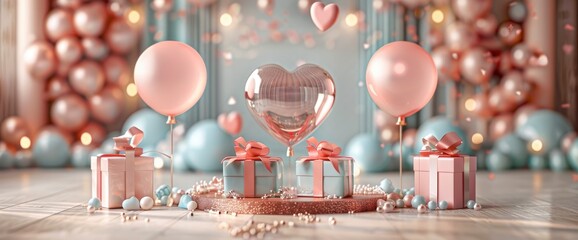 Wall Mural - Romantic Valentine's Day Celebration with Balloons and Gifts